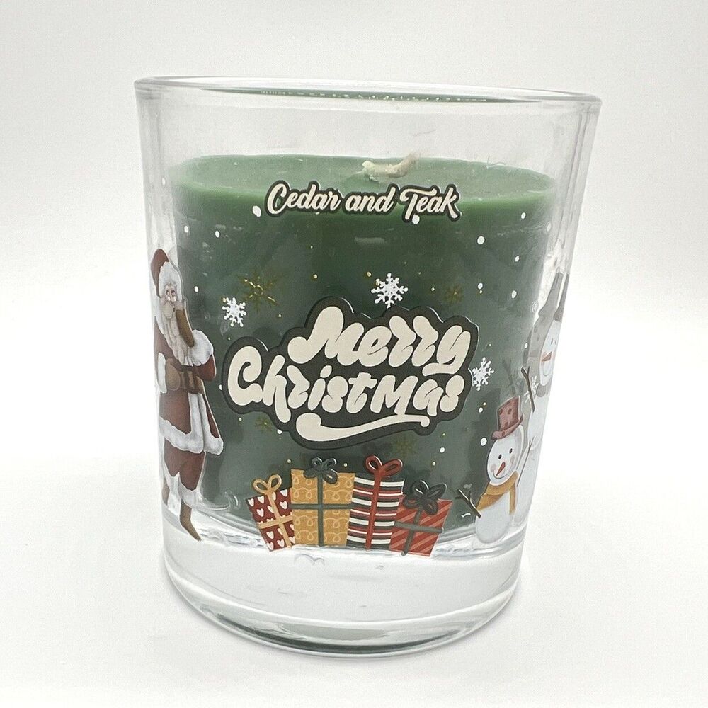 Cedar & Teak Scented 8 oz Smokeless Soy Wax Candle Glass Jar Merry Christmas NEW